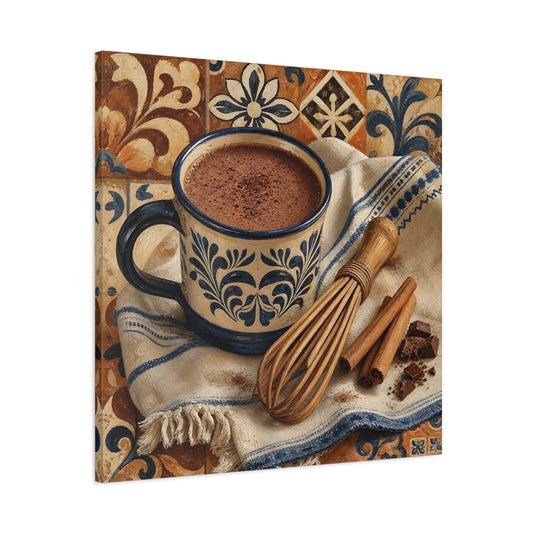 Main Mockup. Vintage Hot Chocolate Brown And Blue shown as stretched canvas wall art