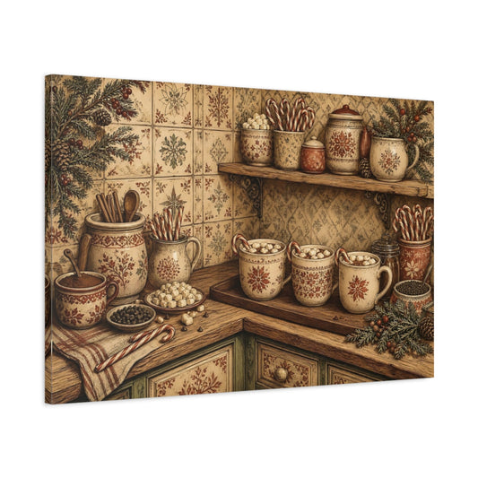 Main Mockup. Vintage Hot Cocoa Winter Kitchen shown as stretched canvas wall art