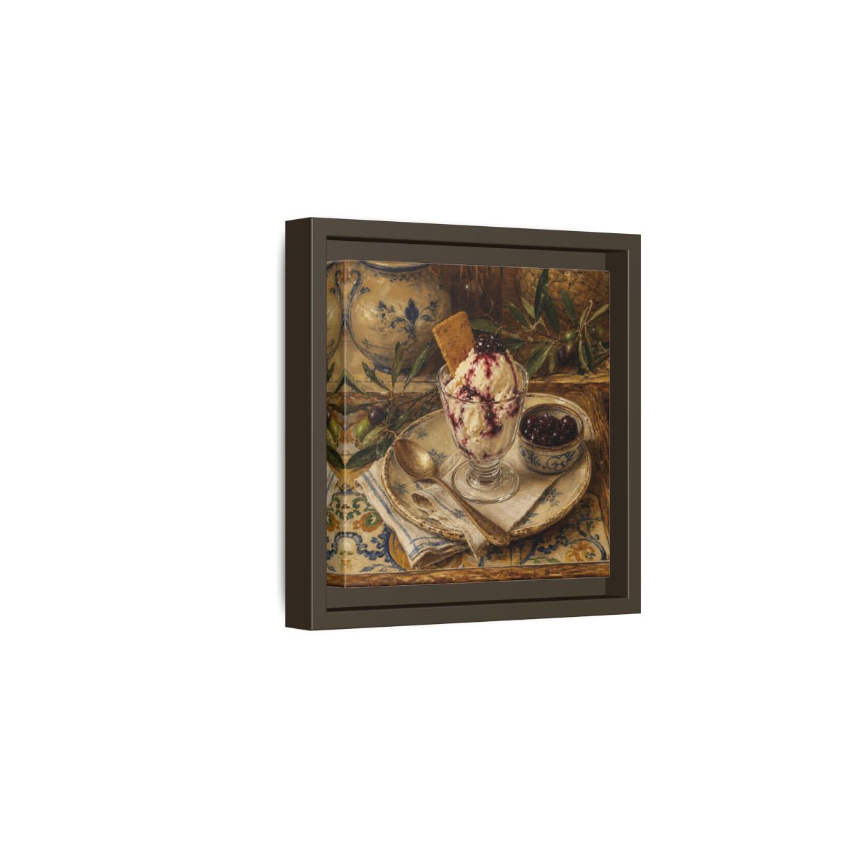 Side Mockup 2. Vintage Ice Cream Vintage Dessert Still Life shown as stretched canvas wall art