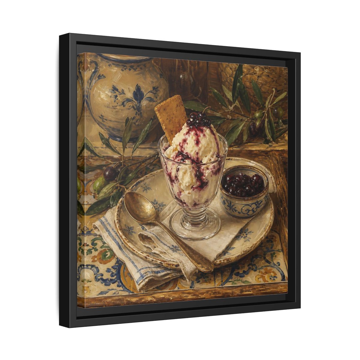 Side Mockup 32. Vintage Ice Cream Vintage Dessert Still Life shown as stretched canvas wall art