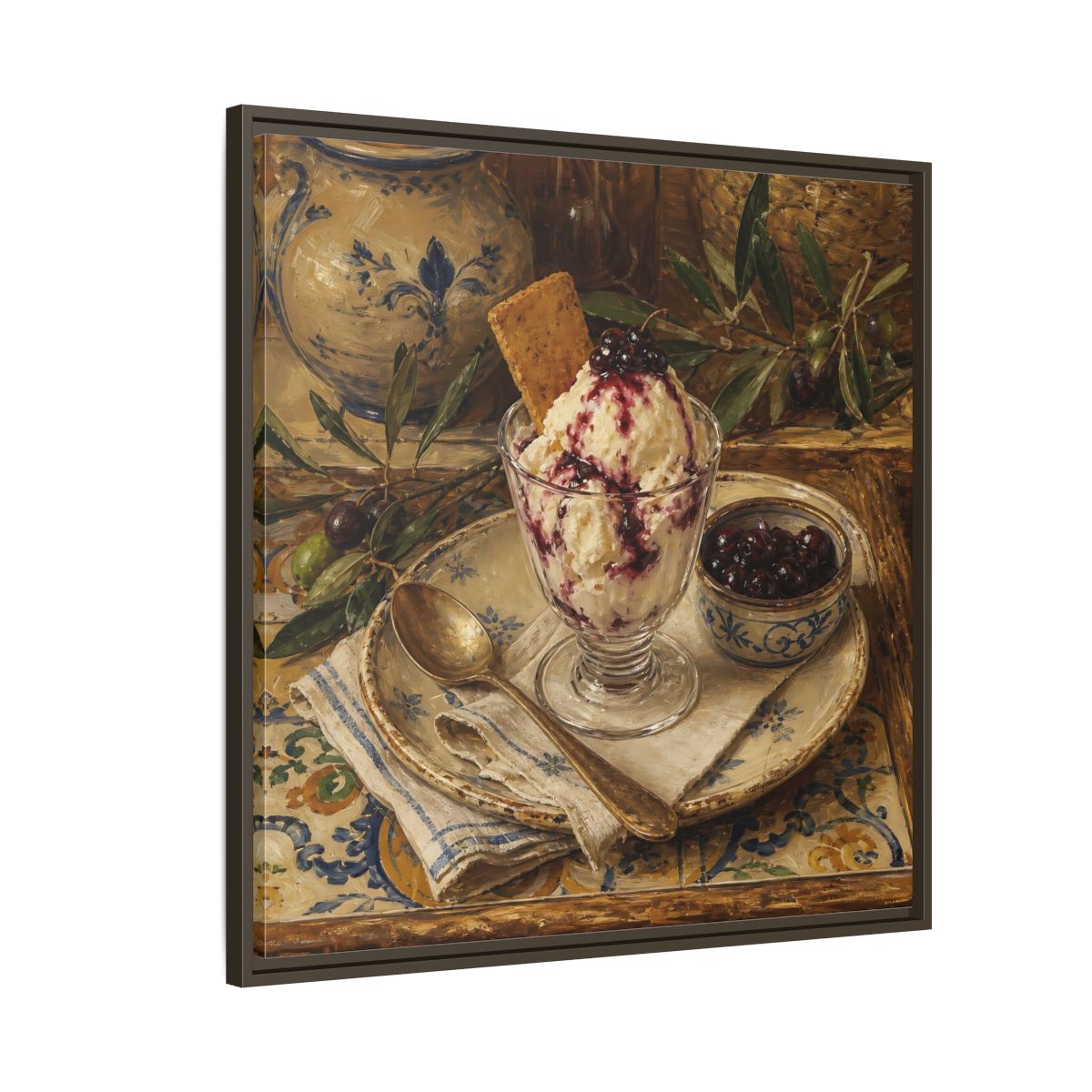 Side Mockup 8. Vintage Ice Cream Vintage Dessert Still Life shown as stretched canvas wall art