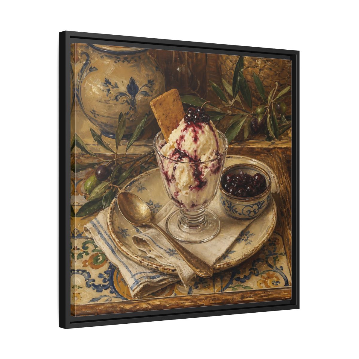 Side Mockup 31. Vintage Ice Cream Vintage Dessert Still Life shown as stretched canvas wall art