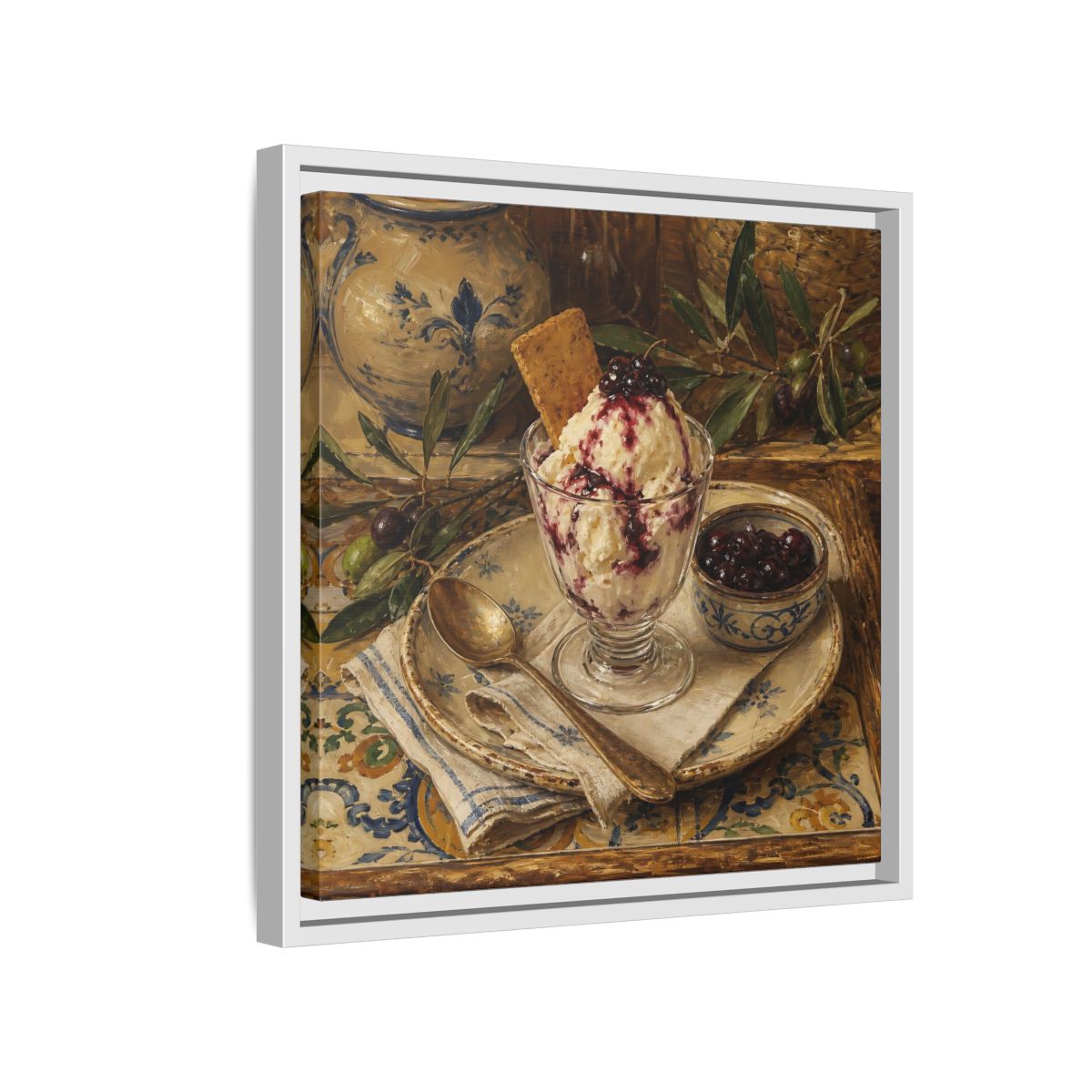Side Mockup 13. Vintage Ice Cream Vintage Dessert Still Life shown as stretched canvas wall art