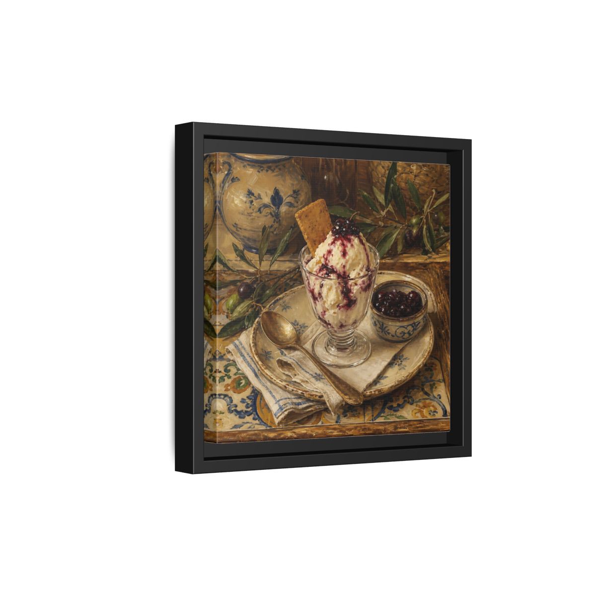 Side Mockup 21. Vintage Ice Cream Vintage Dessert Still Life shown as stretched canvas wall art