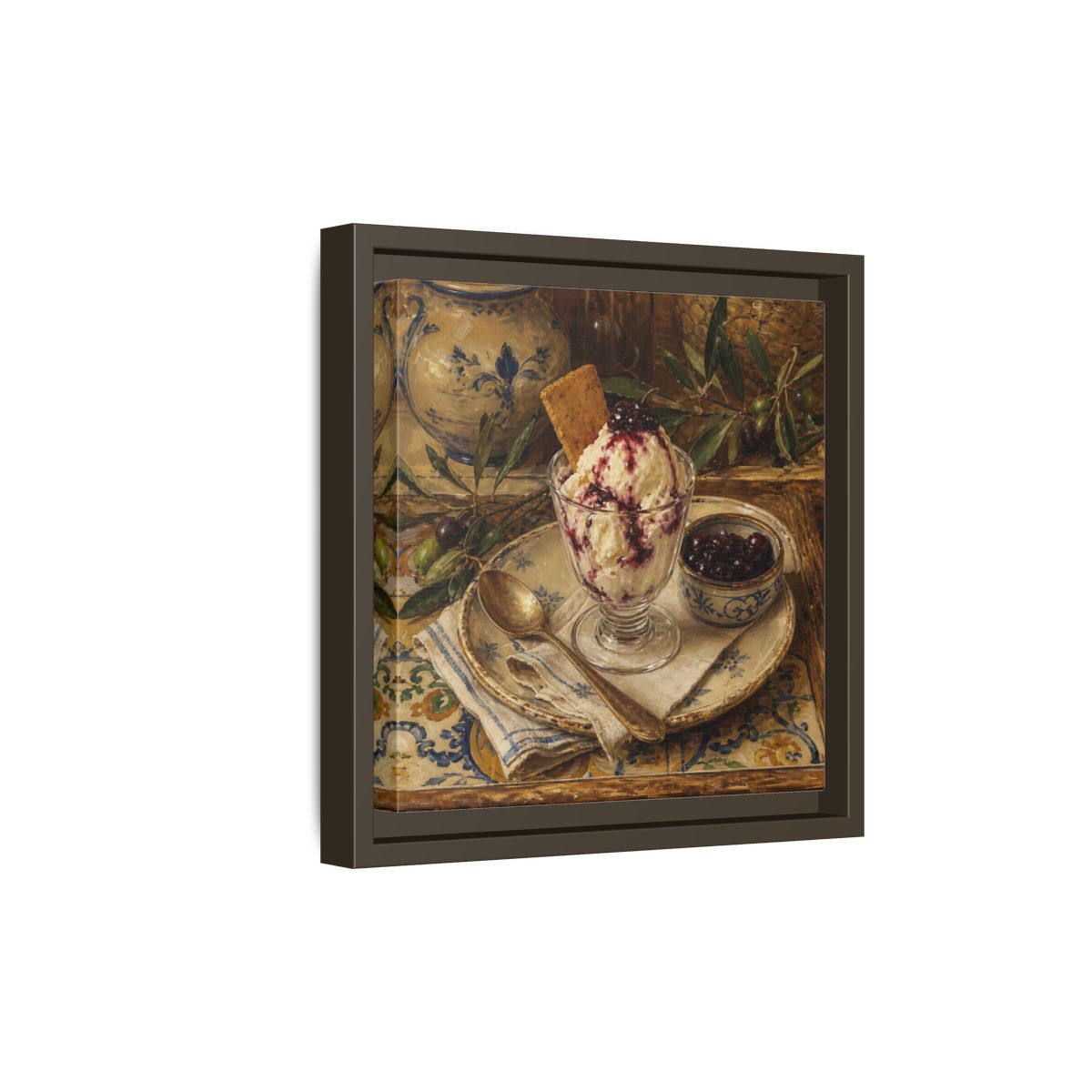 Side Mockup 20. Vintage Ice Cream Vintage Dessert Still Life shown as stretched canvas wall art