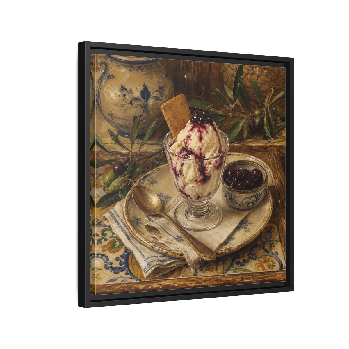 Side Mockup 12. Vintage Ice Cream Vintage Dessert Still Life shown as stretched canvas wall art