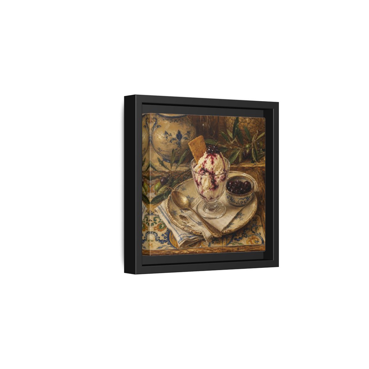 Side Mockup 3. Vintage Ice Cream Vintage Dessert Still Life shown as stretched canvas wall art