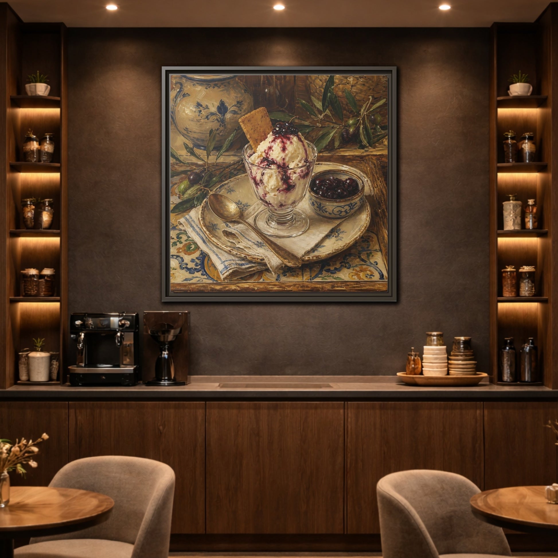 Mockup 2. Vintage Ice Cream Vintage Dessert Still Life shown as stretched canvas wall art