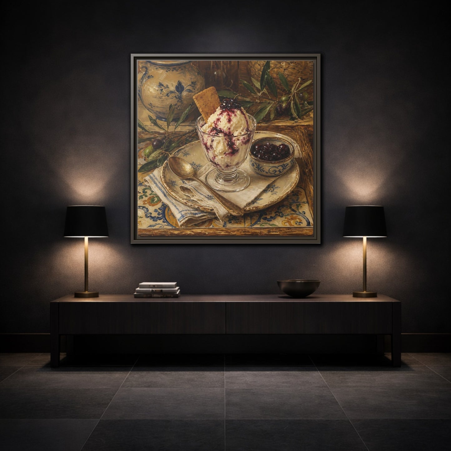 Mockup 3. Vintage Ice Cream Vintage Dessert Still Life shown as stretched canvas wall art