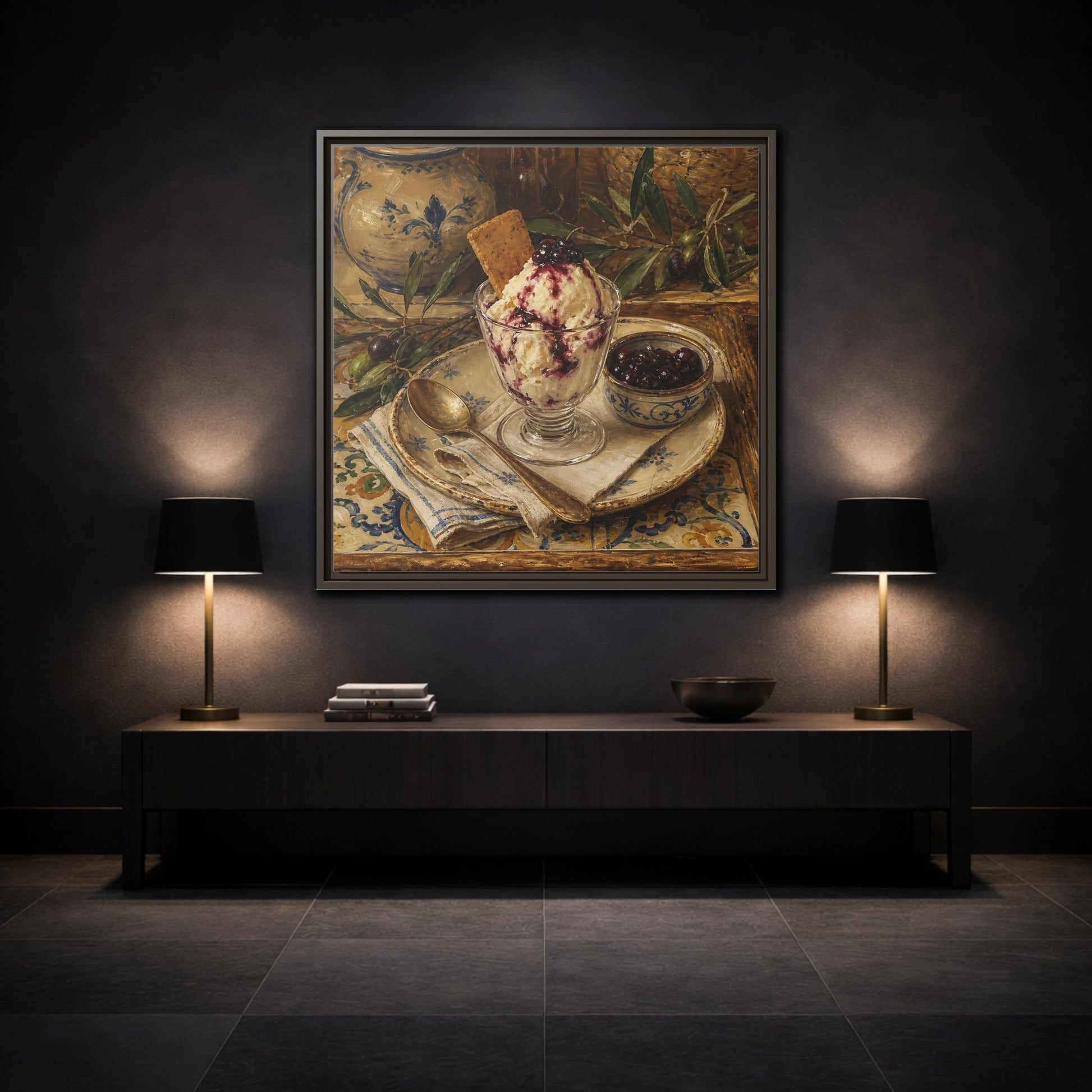 Mockup 3. Vintage Ice Cream Vintage Dessert Still Life shown as stretched canvas wall art