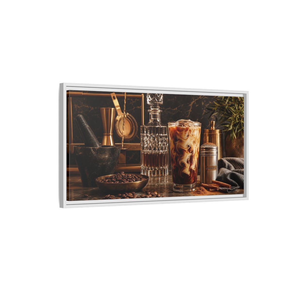 Side Mockup 1. Vintage Iced Coffee Iced Coffee Gold shown as framed canvas print