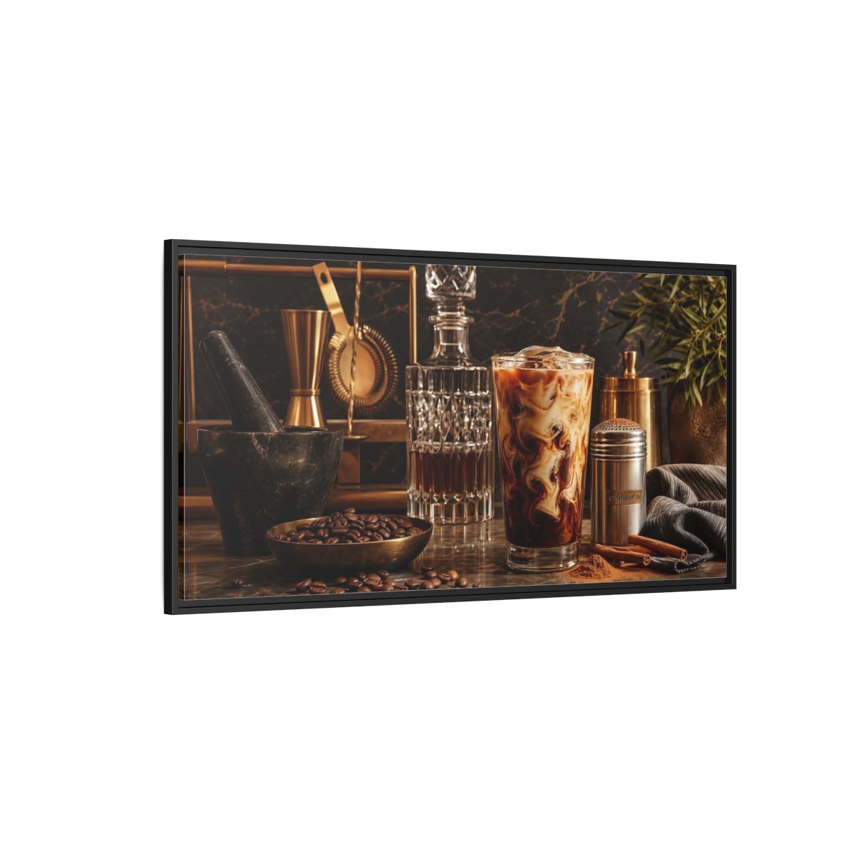 Side Mockup 5. Vintage Iced Coffee Iced Coffee Gold shown as framed canvas print