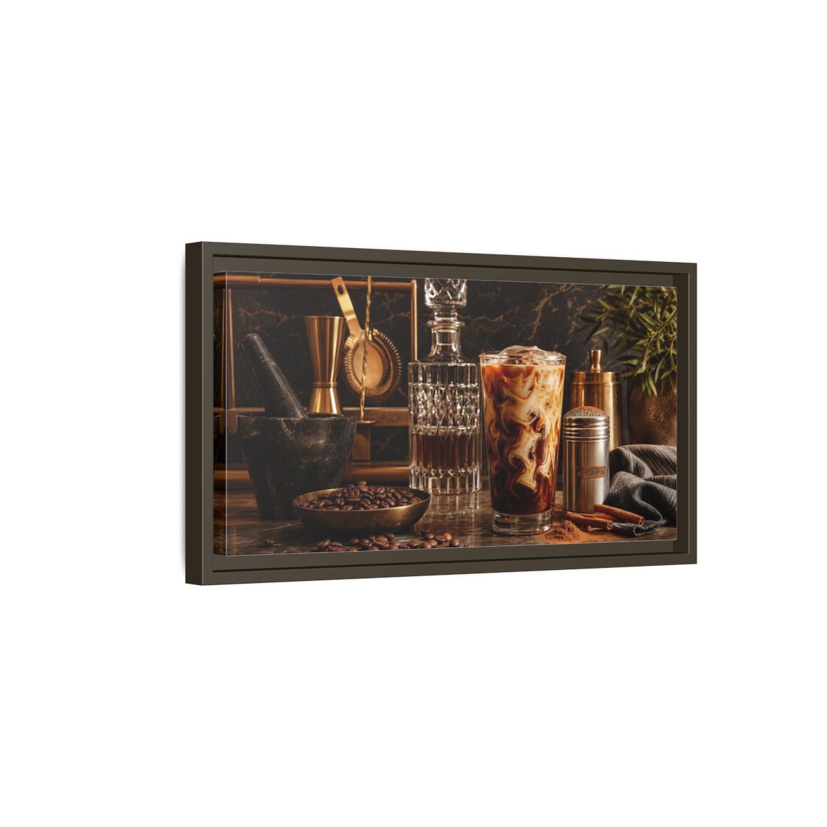 Side Mockup 7. Vintage Iced Coffee Iced Coffee Gold shown as framed canvas print