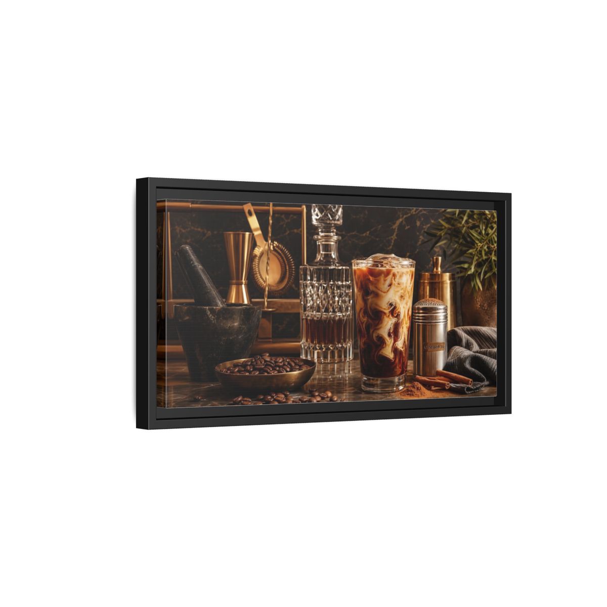 Side Mockup 8. Vintage Iced Coffee Iced Coffee Gold shown as framed canvas print
