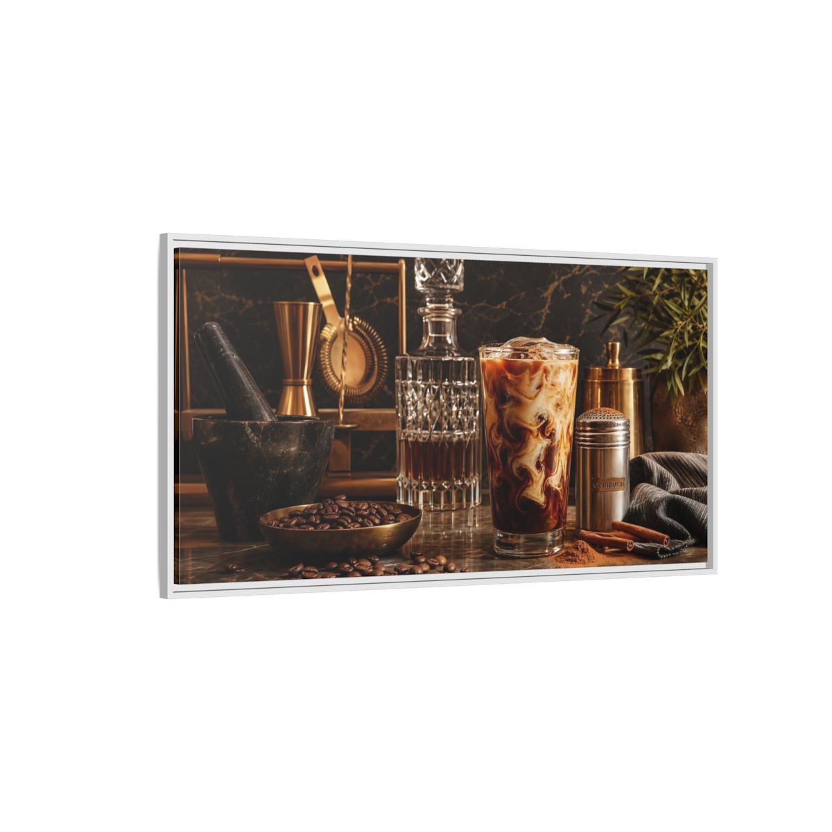 Side Mockup 3. Vintage Iced Coffee Iced Coffee Gold shown as framed canvas print