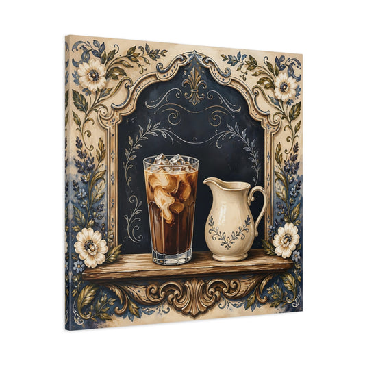 Main Mockup. Vintage Iced Coffee Vintage Coffee Art shown as stretched canvas wall art