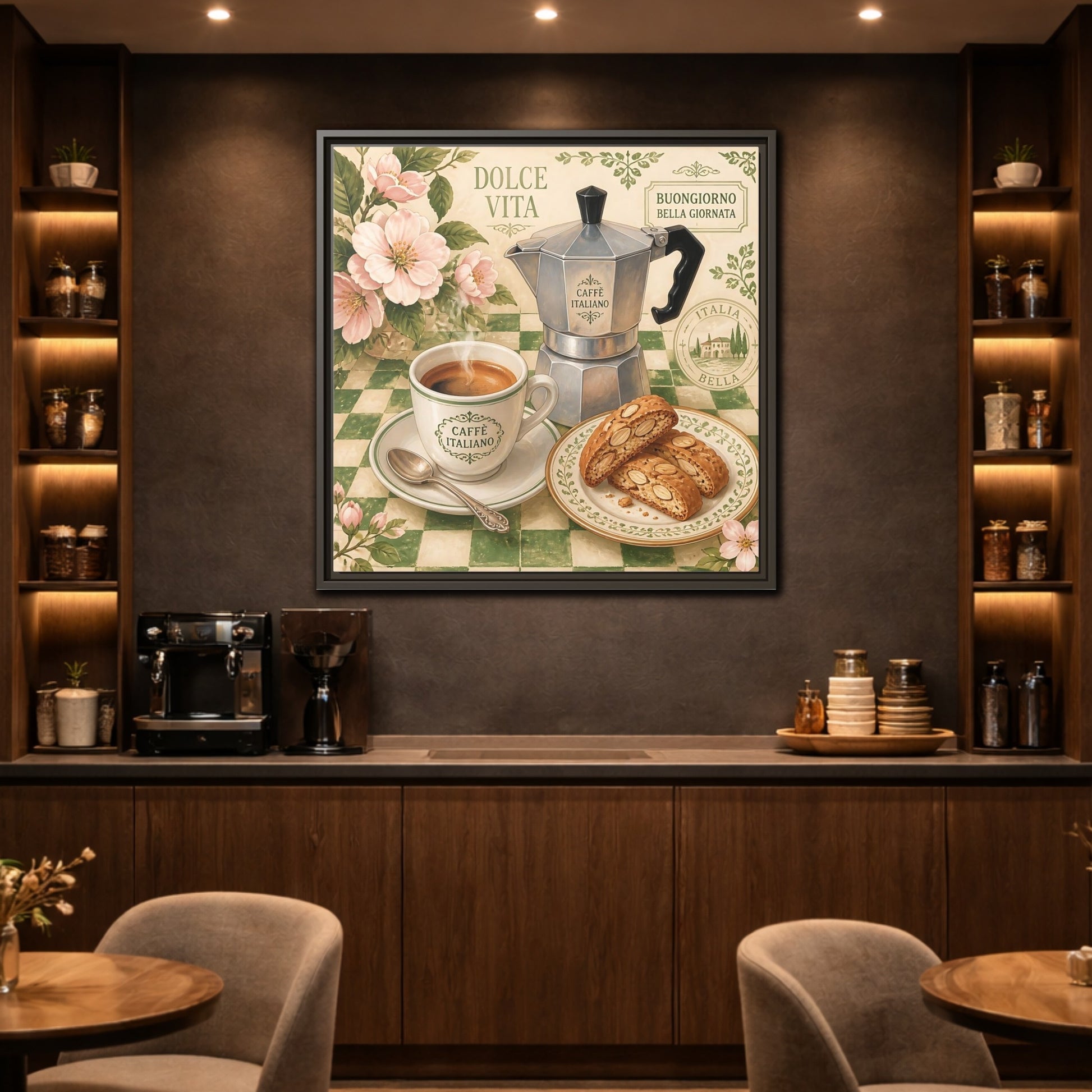 Mockup 2. Vintage Italian Coffee Italian Coffee Scene shown as stretched canvas wall art