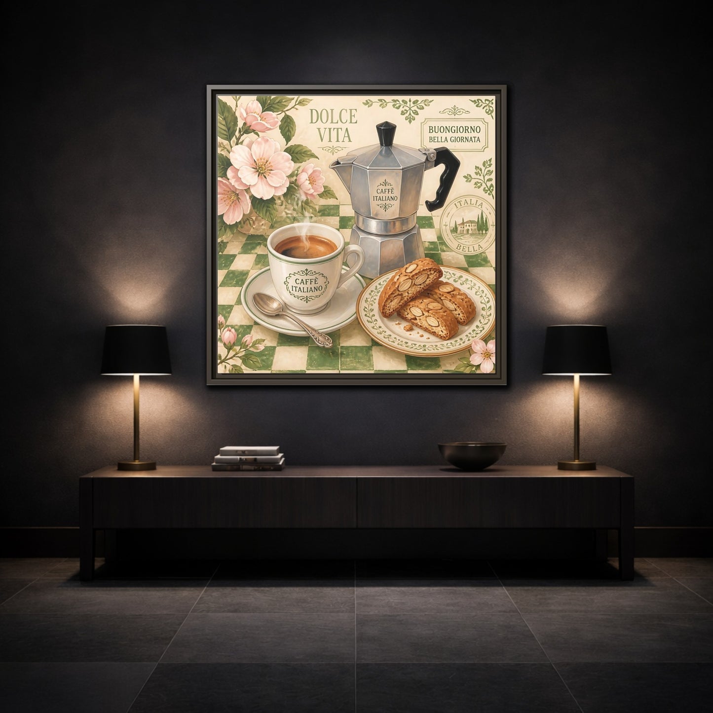 Mockup 3. Vintage Italian Coffee Italian Coffee Scene shown as stretched canvas wall art
