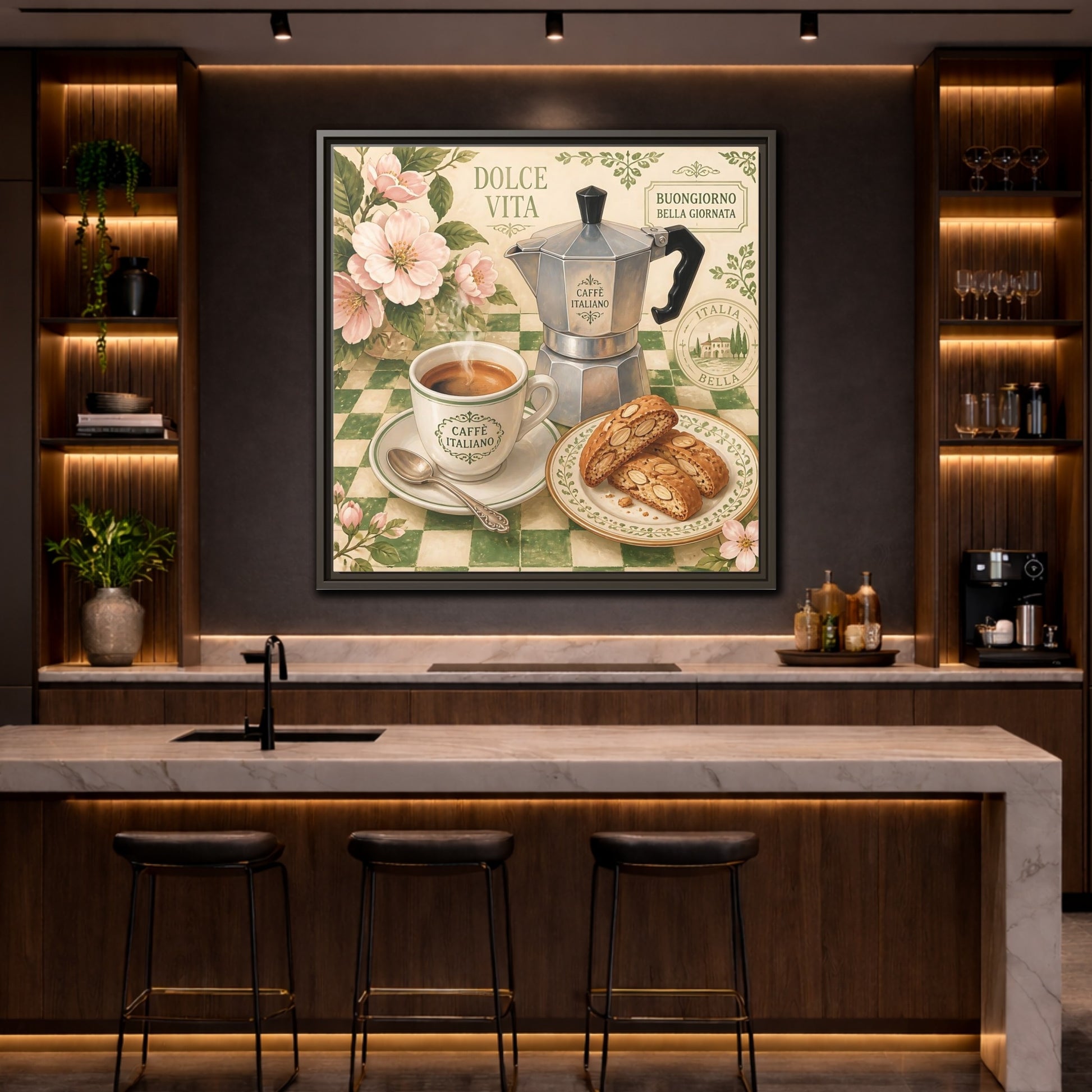 Mockup 4. Vintage Italian Coffee Italian Coffee Scene shown as stretched canvas wall art