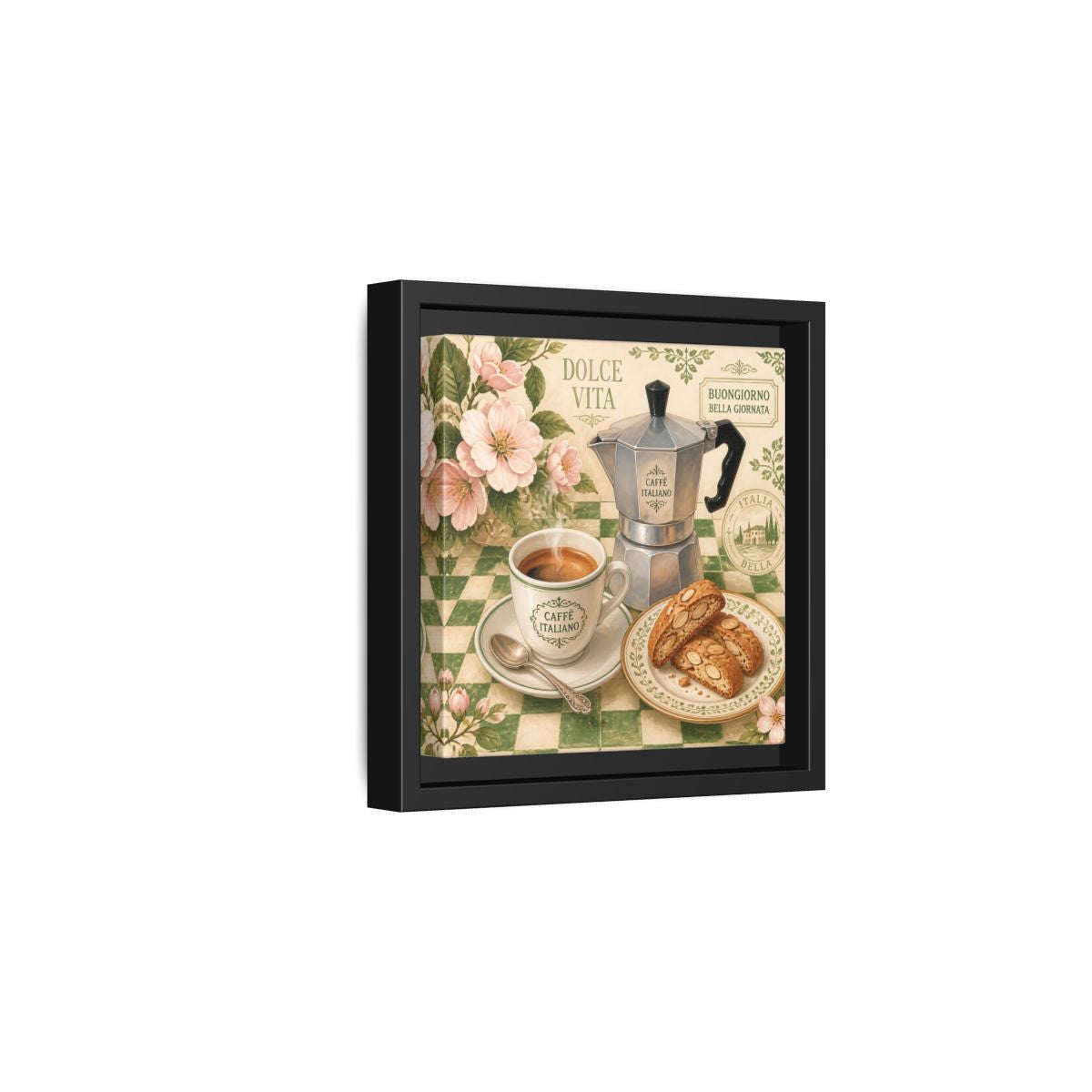 Side Mockup 3. Vintage Italian Coffee Italian Coffee Scene shown as stretched canvas wall art