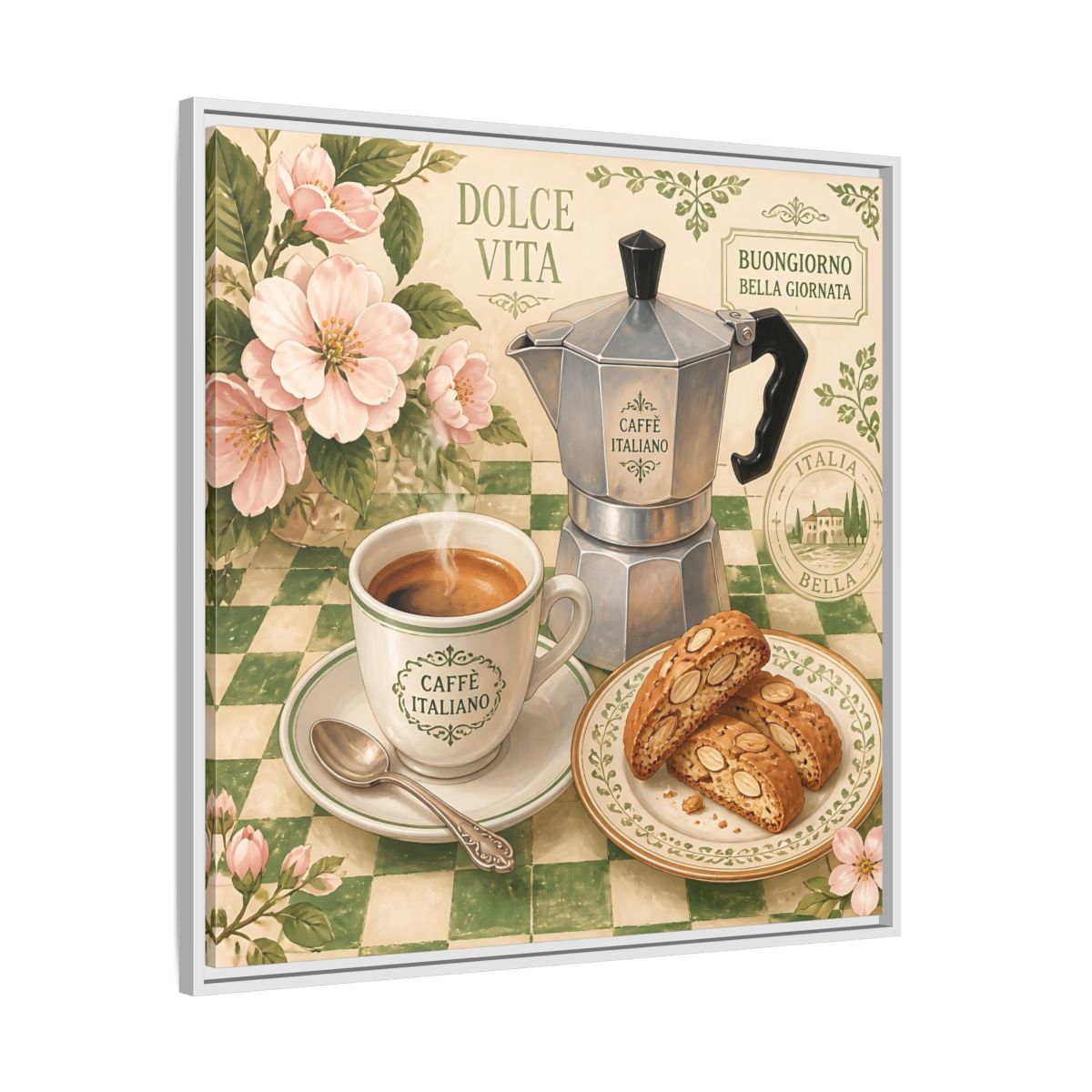 Side Mockup 25. Vintage Italian Coffee Italian Coffee Scene shown as stretched canvas wall art