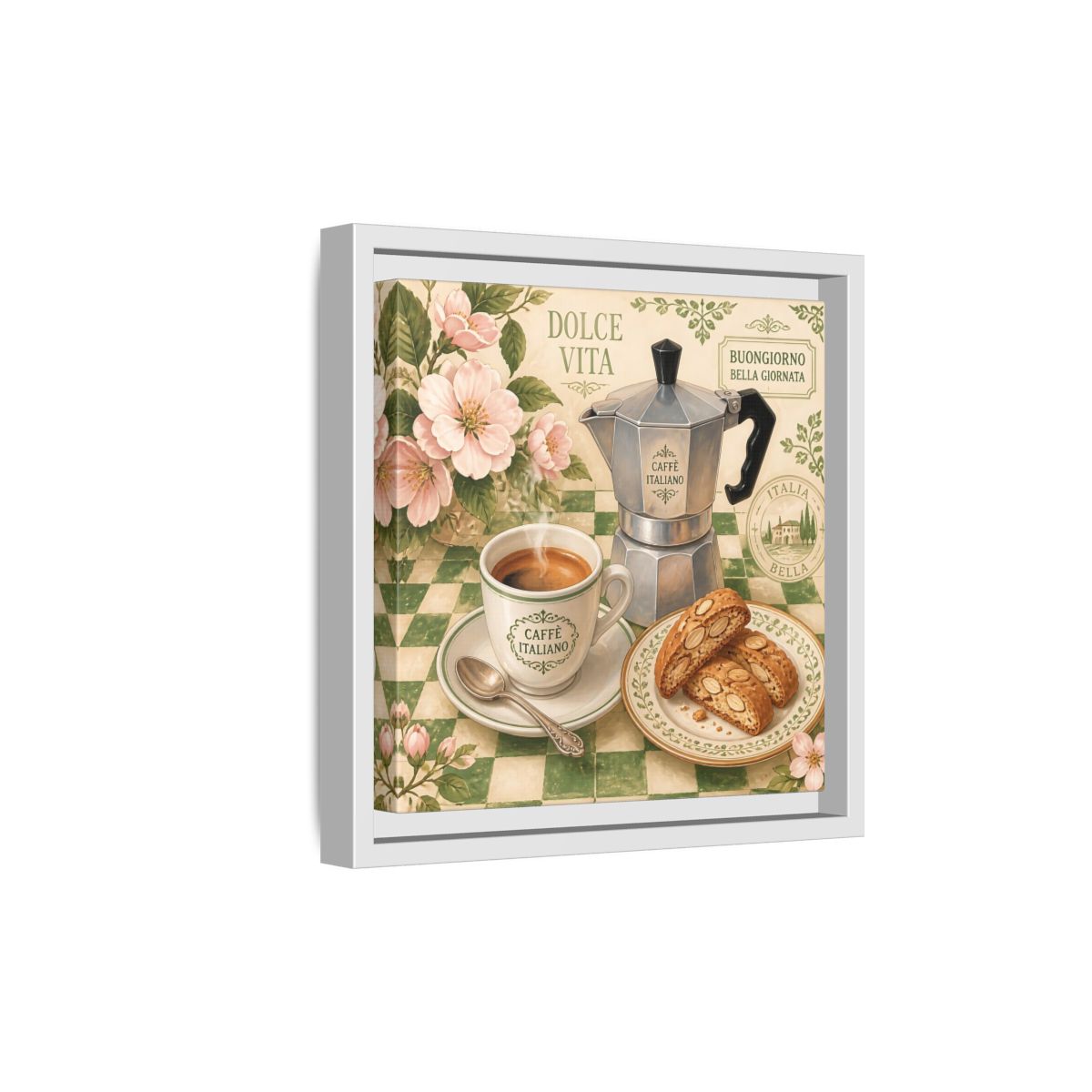 Side Mockup 19. Vintage Italian Coffee Italian Coffee Scene shown as stretched canvas wall art