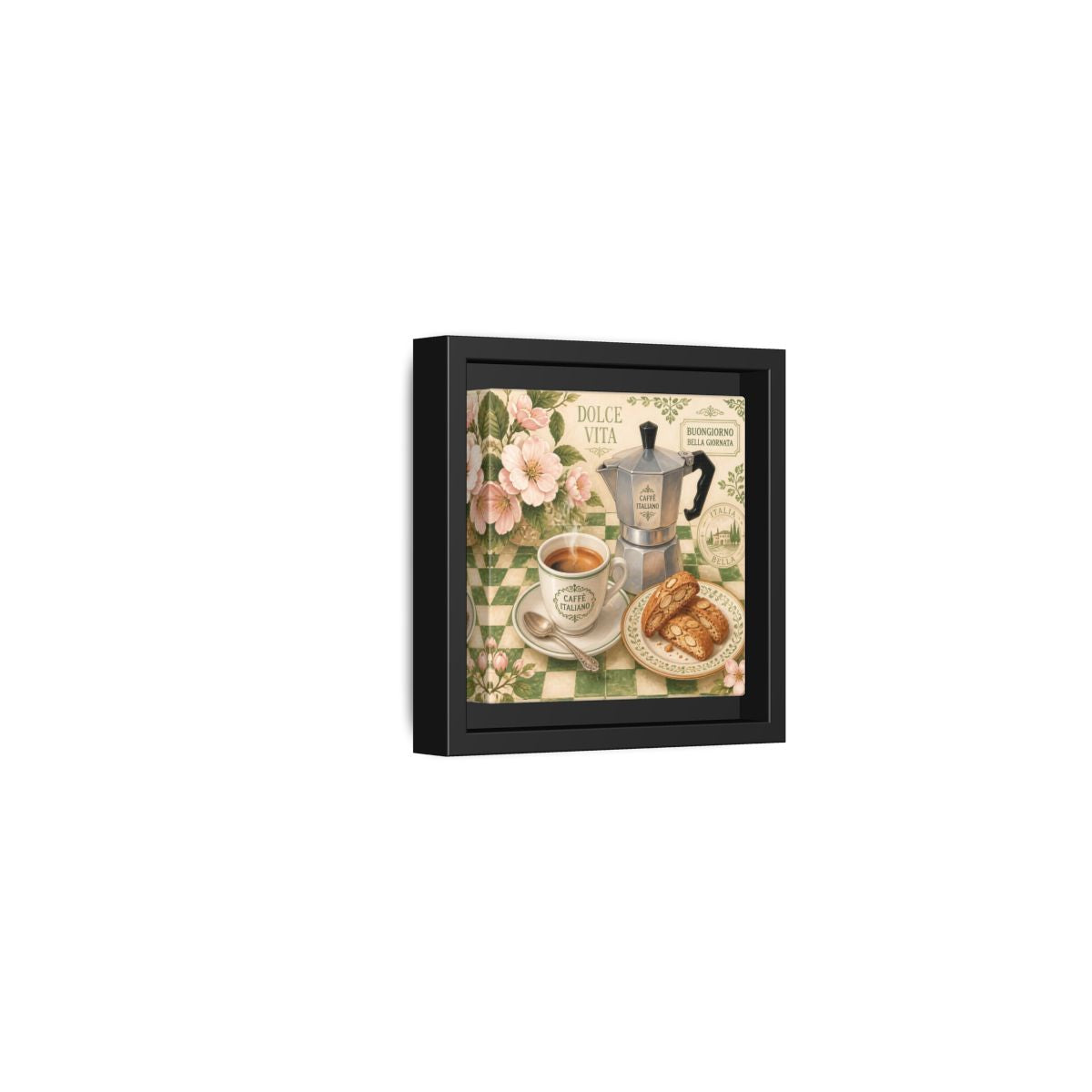 Side Mockup 24. Vintage Italian Coffee Italian Coffee Scene shown as stretched canvas wall art