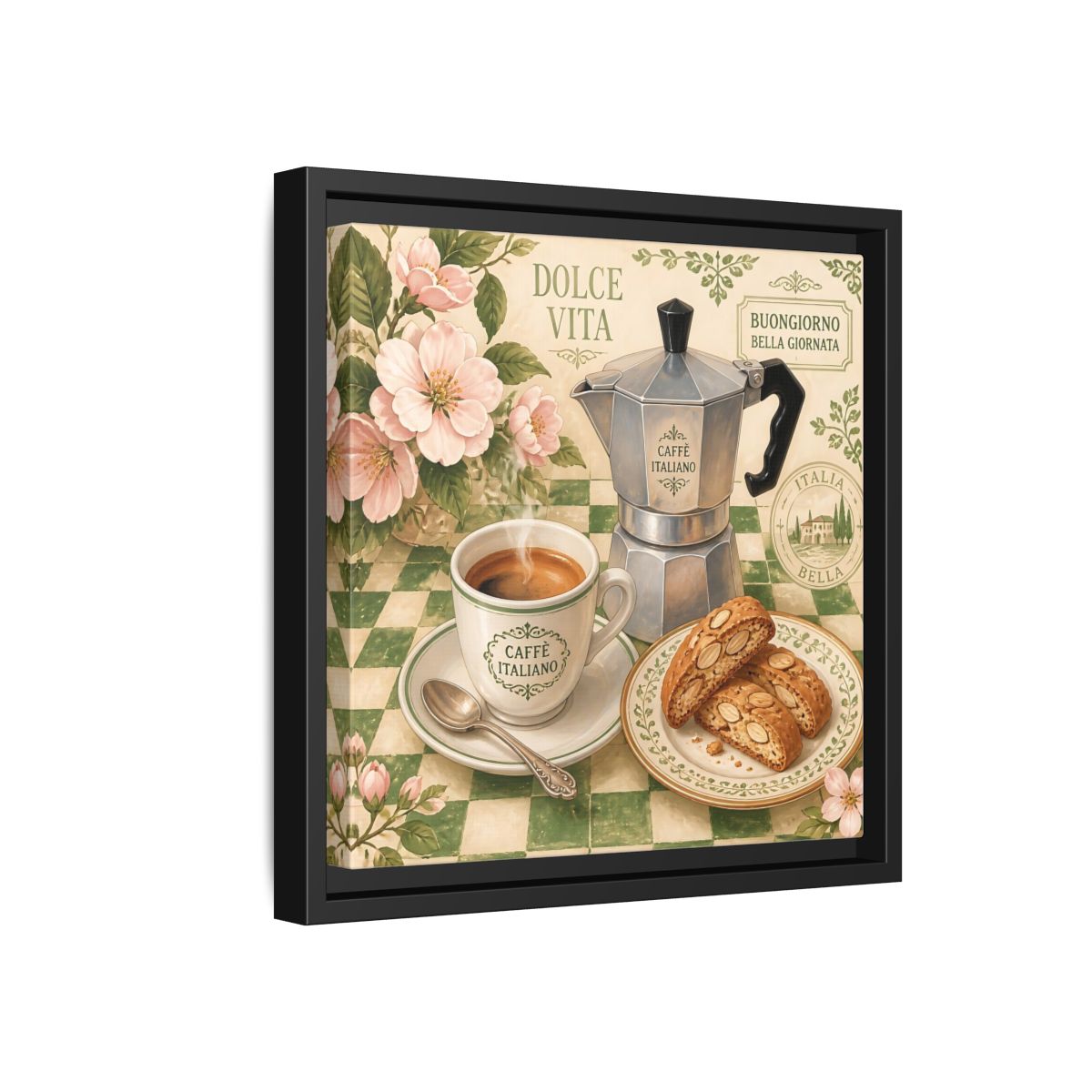Side Mockup 18. Vintage Italian Coffee Italian Coffee Scene shown as stretched canvas wall art