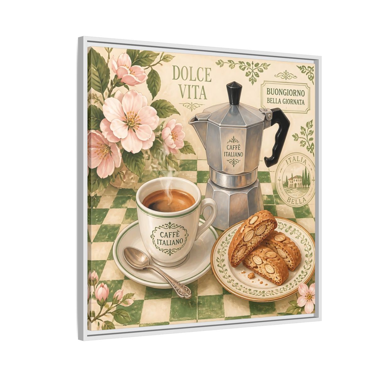 Side Mockup 7. Vintage Italian Coffee Italian Coffee Scene shown as stretched canvas wall art