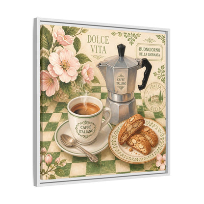 Side Mockup 26. Vintage Italian Coffee Italian Coffee Scene shown as stretched canvas wall art