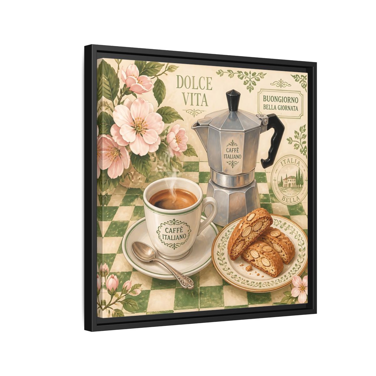 Side Mockup 12. Vintage Italian Coffee Italian Coffee Scene shown as stretched canvas wall art