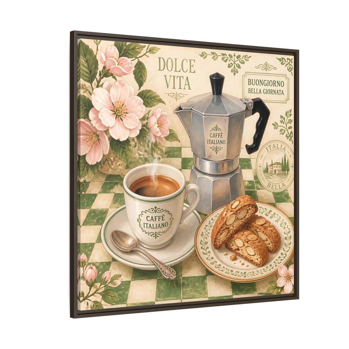 Side Mockup 5. Vintage Italian Coffee Italian Coffee Scene shown as stretched canvas wall art