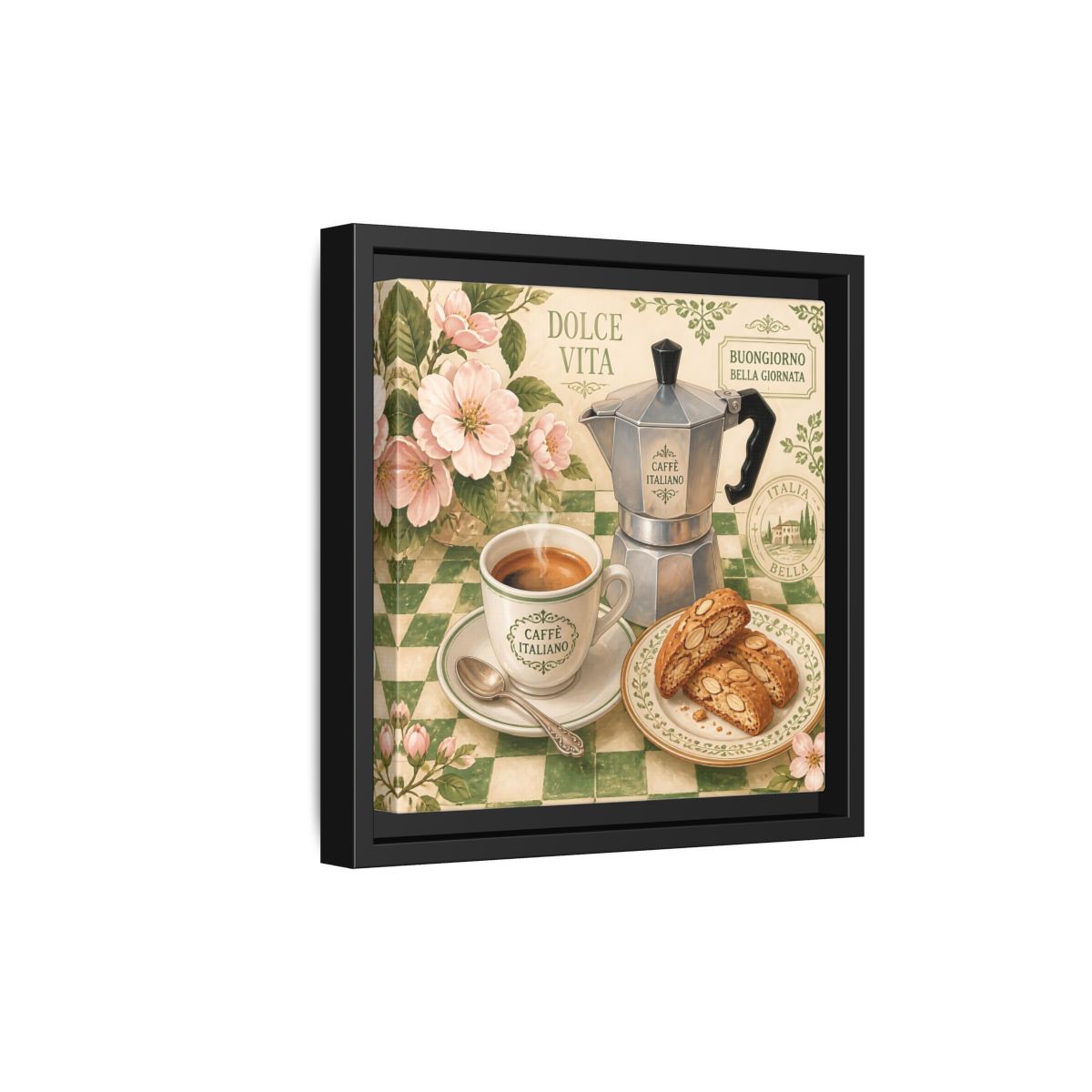Side Mockup 21. Vintage Italian Coffee Italian Coffee Scene shown as stretched canvas wall art