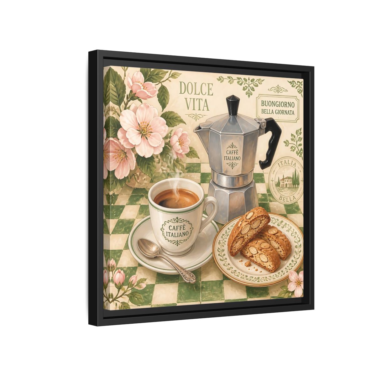 Side Mockup 15. Vintage Italian Coffee Italian Coffee Scene shown as stretched canvas wall art
