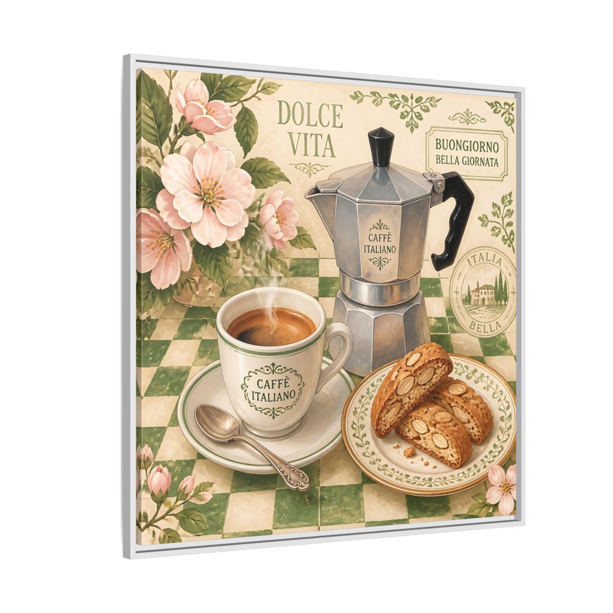 Side Mockup 4. Vintage Italian Coffee Italian Coffee Scene shown as stretched canvas wall art