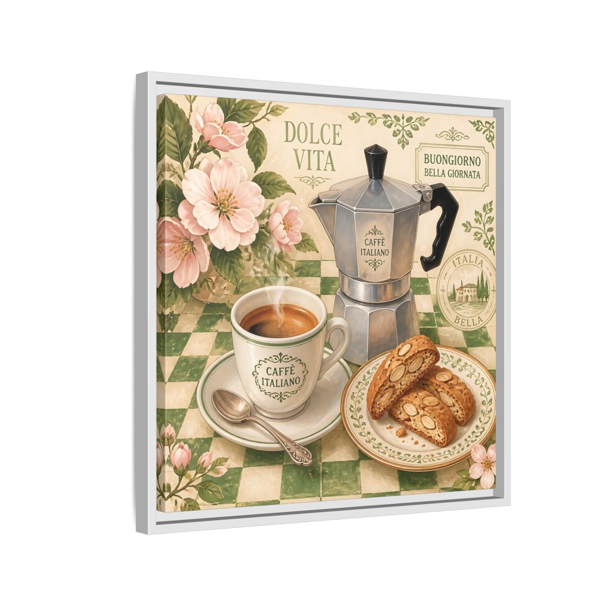 Side Mockup 10. Vintage Italian Coffee Italian Coffee Scene shown as stretched canvas wall art