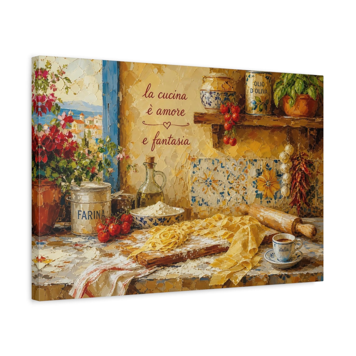 Side Mockup 3. Vintage Italian Kitchen Yellow Italian Kitchen shown as stretched canvas wall art