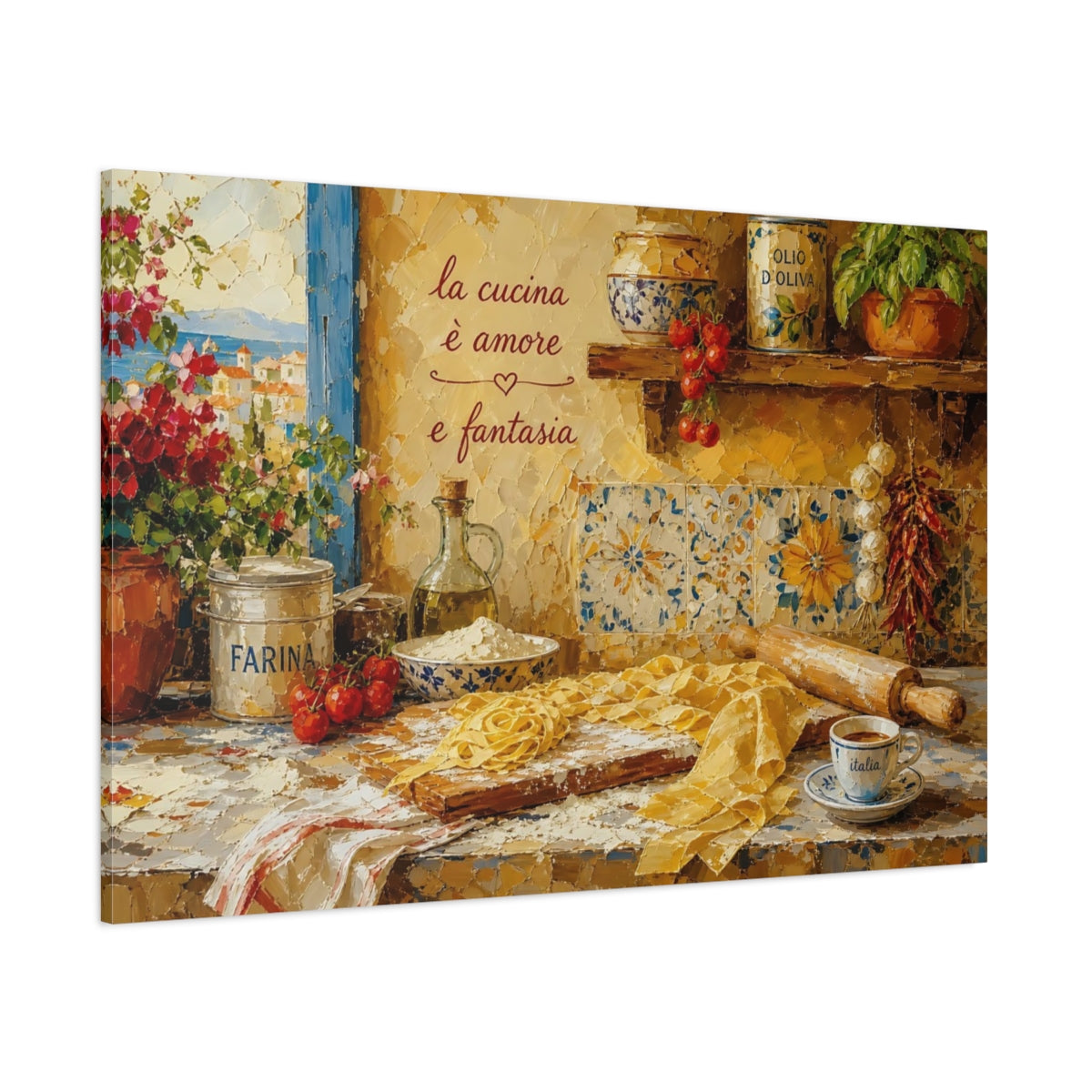 Side Mockup 1. Vintage Italian Kitchen Yellow Italian Kitchen shown as stretched canvas wall art