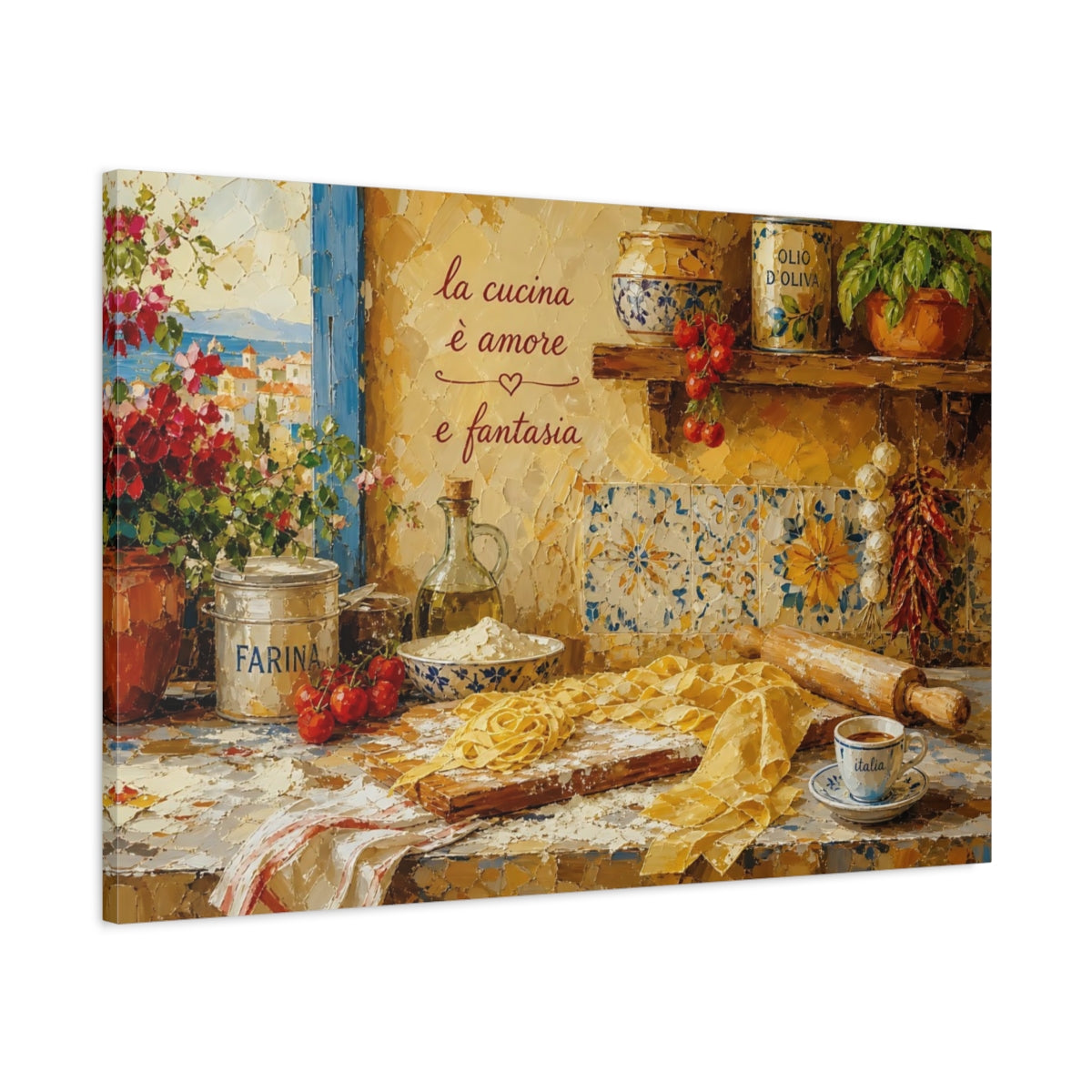 Main Mockup. Vintage Italian Kitchen Yellow Italian Kitchen shown as stretched canvas wall art