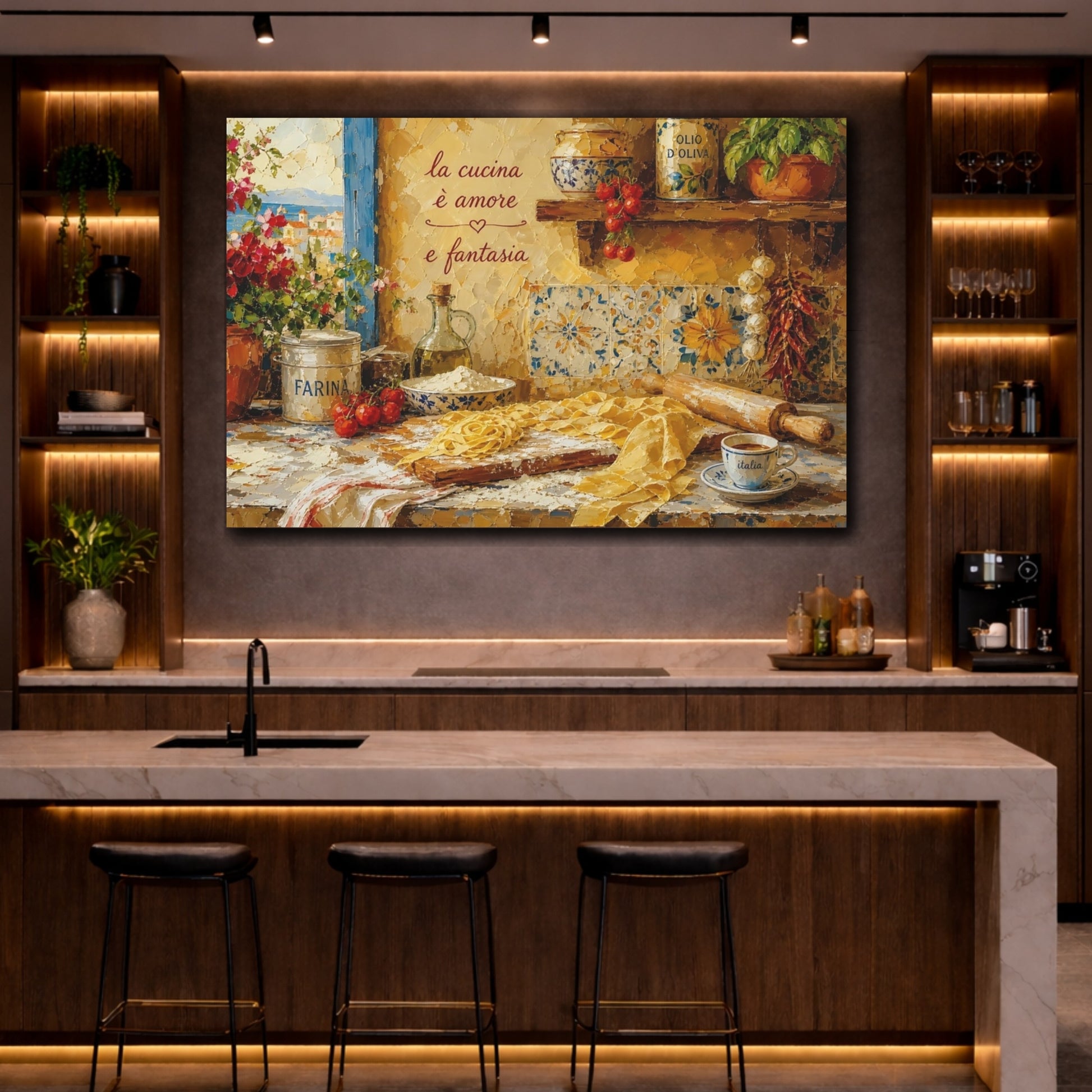 Mockup 2. Vintage Italian Kitchen Yellow Italian Kitchen shown as stretched canvas wall art