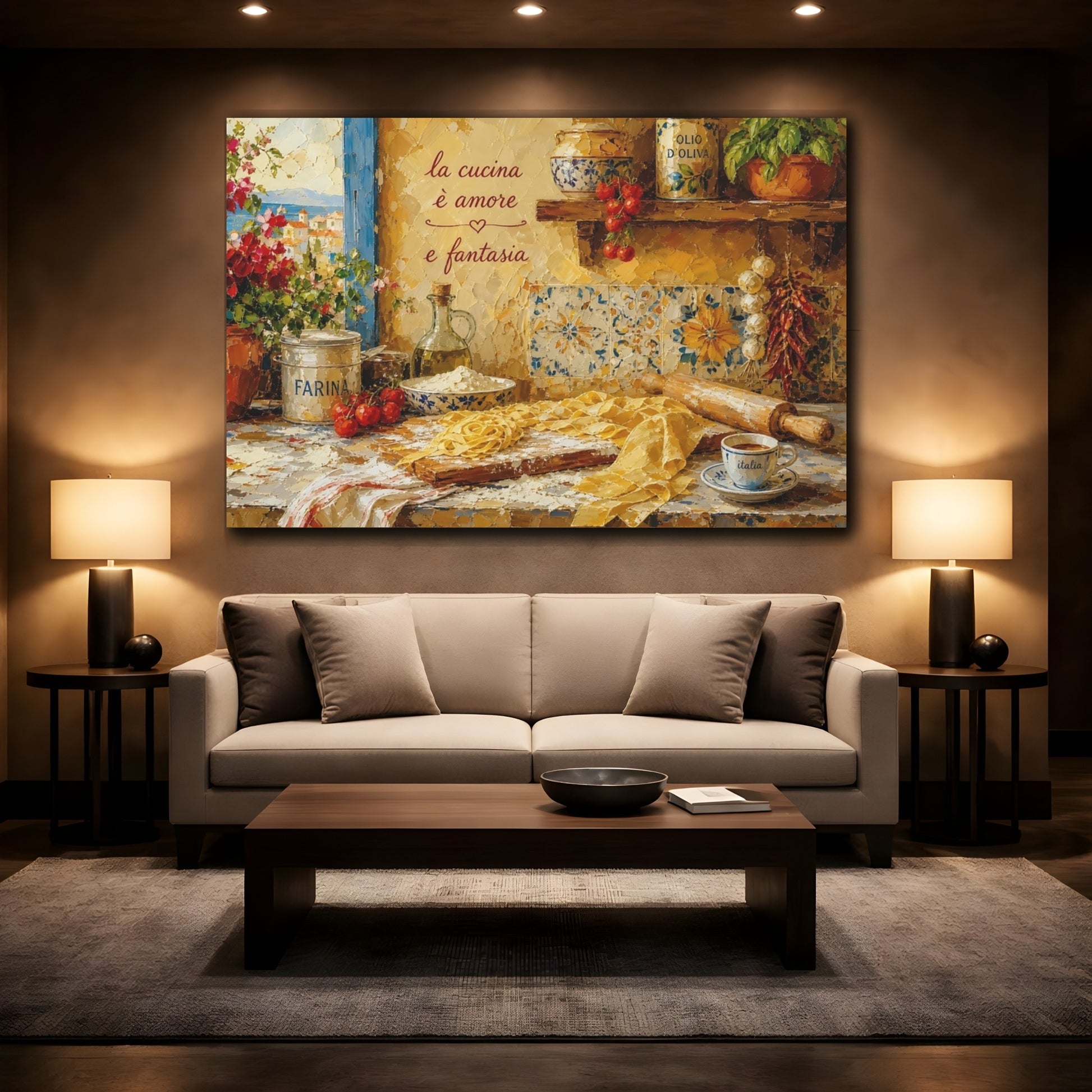 Mockup 3. Vintage Italian Kitchen Yellow Italian Kitchen shown as stretched canvas wall art