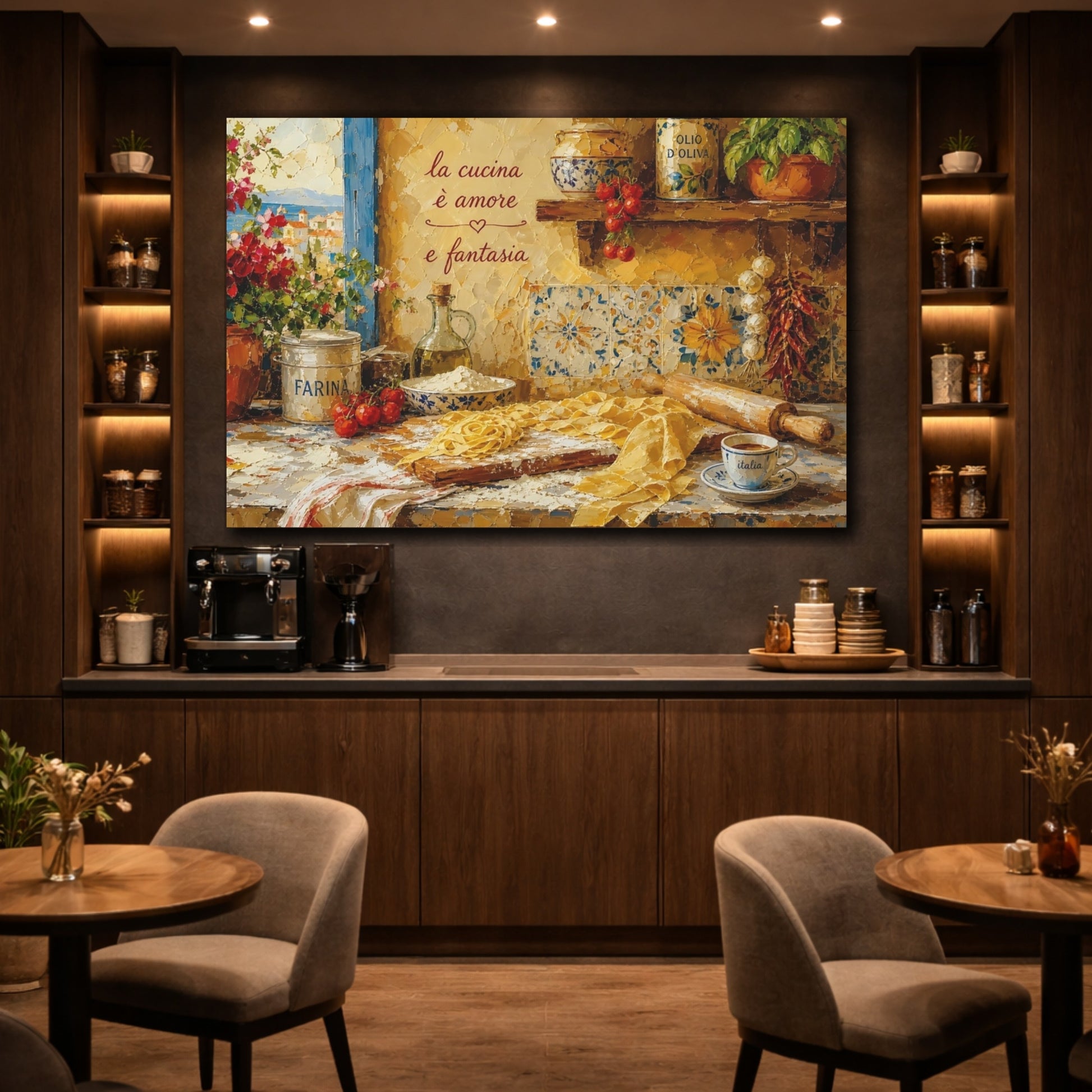 Mockup 4. Vintage Italian Kitchen Yellow Italian Kitchen shown as stretched canvas wall art