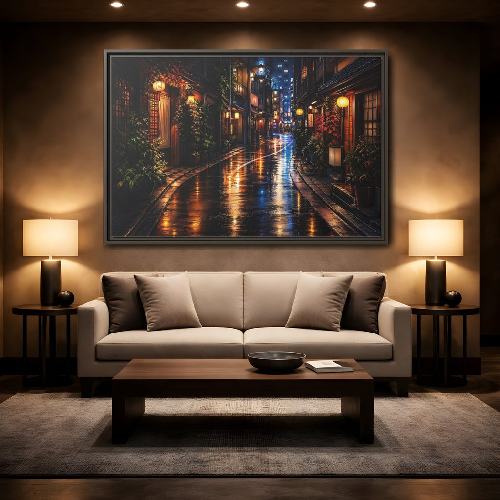 Mockup 2. Vintage Japanese Street Japanese Night Street shown as stretched canvas wall art