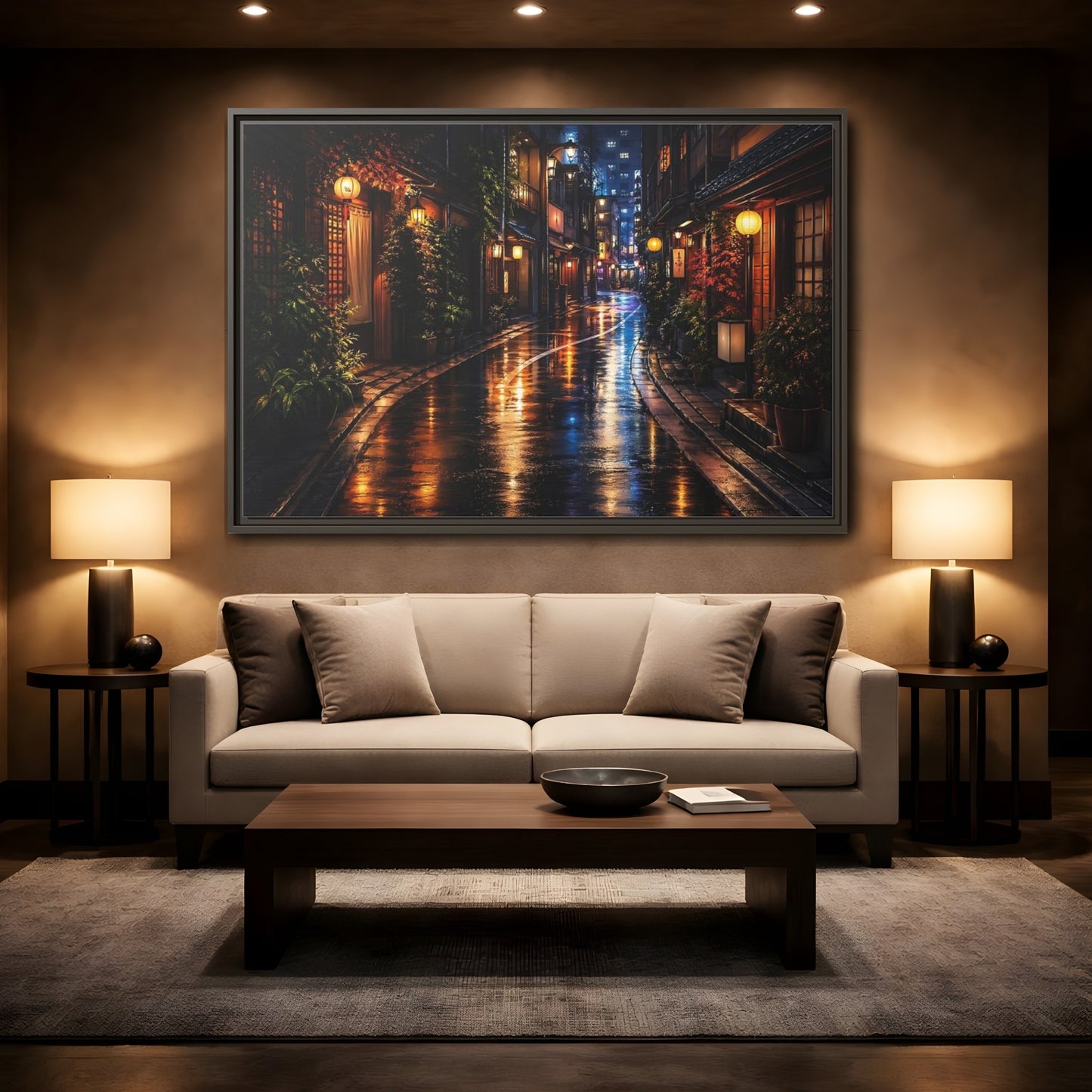 Mockup 2. Vintage Japanese Street Japanese Night Street shown as stretched canvas wall art