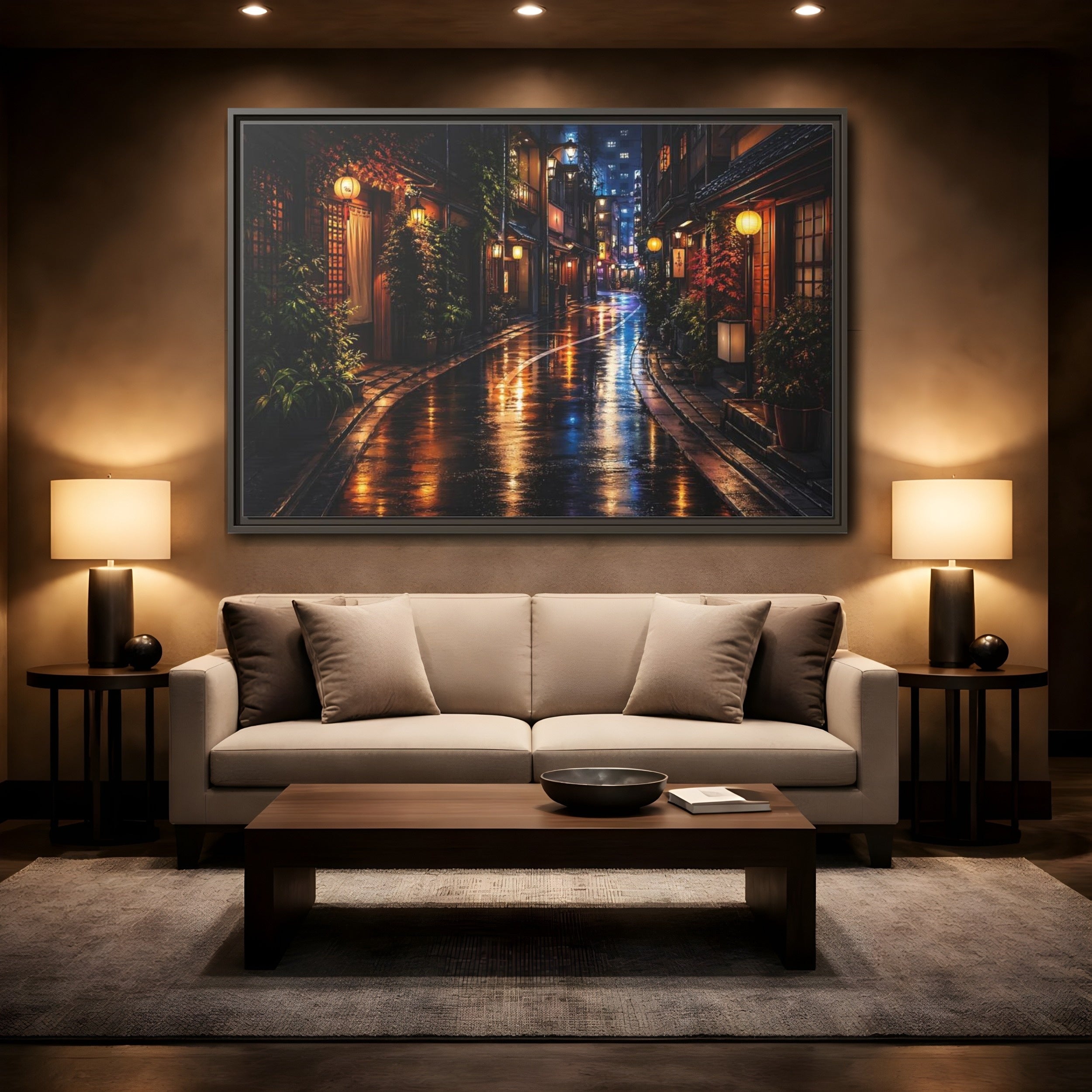 Mockup 2. Vintage Japanese Street Japanese Night Street shown as stretched canvas wall art