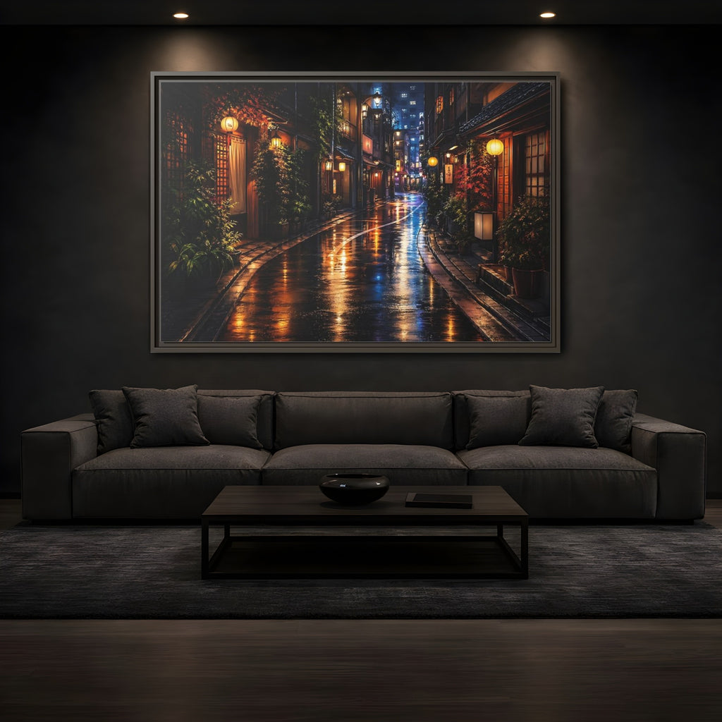 Mockup 3. Vintage Japanese Street Japanese Night Street shown as stretched canvas wall art