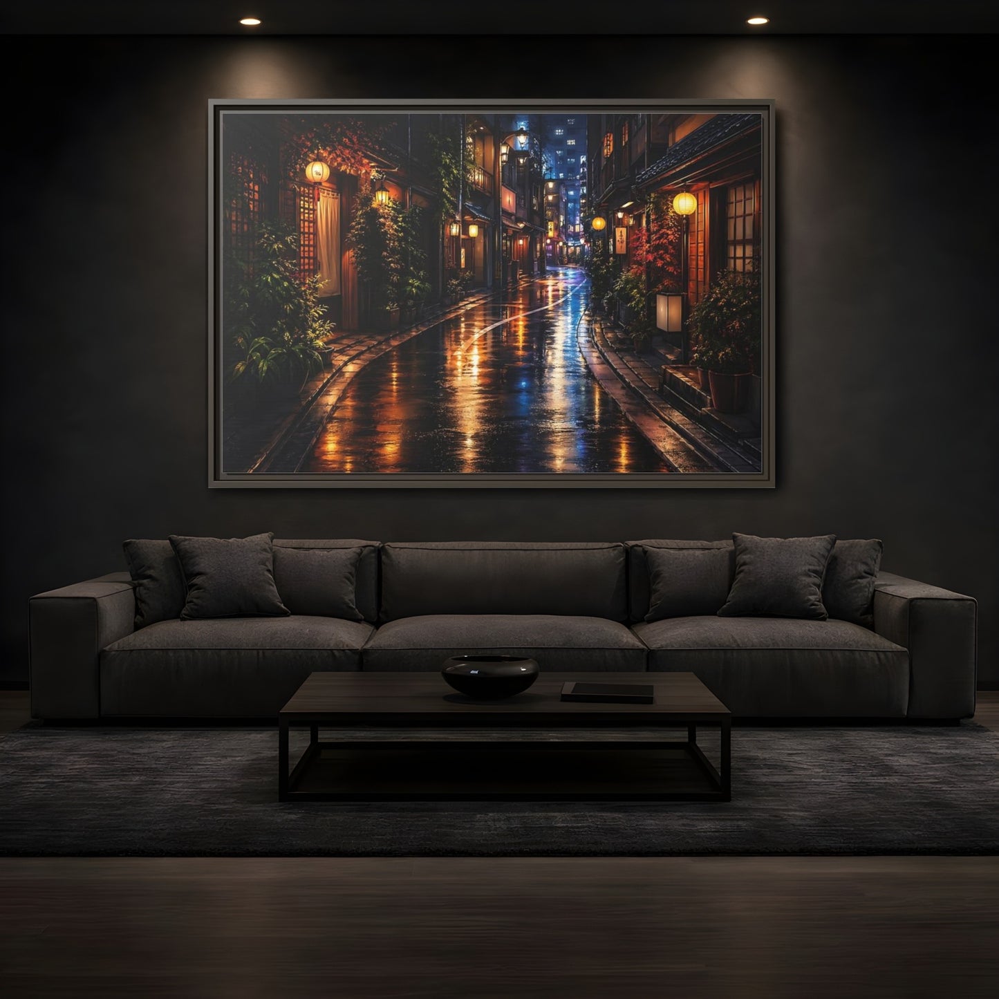 Mockup 3. Vintage Japanese Street Japanese Night Street shown as stretched canvas wall art