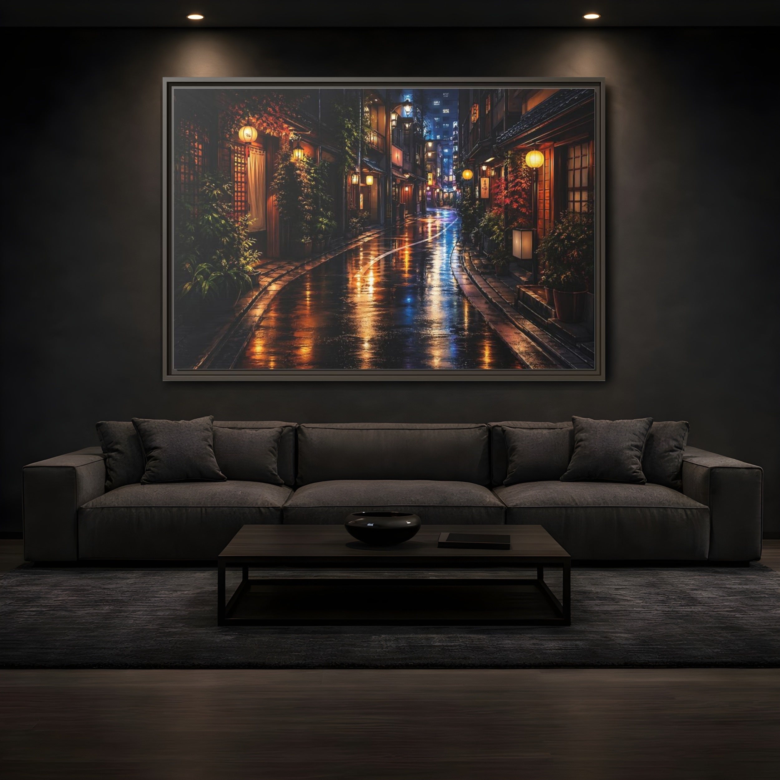 Mockup 3. Vintage Japanese Street Japanese Night Street shown as stretched canvas wall art