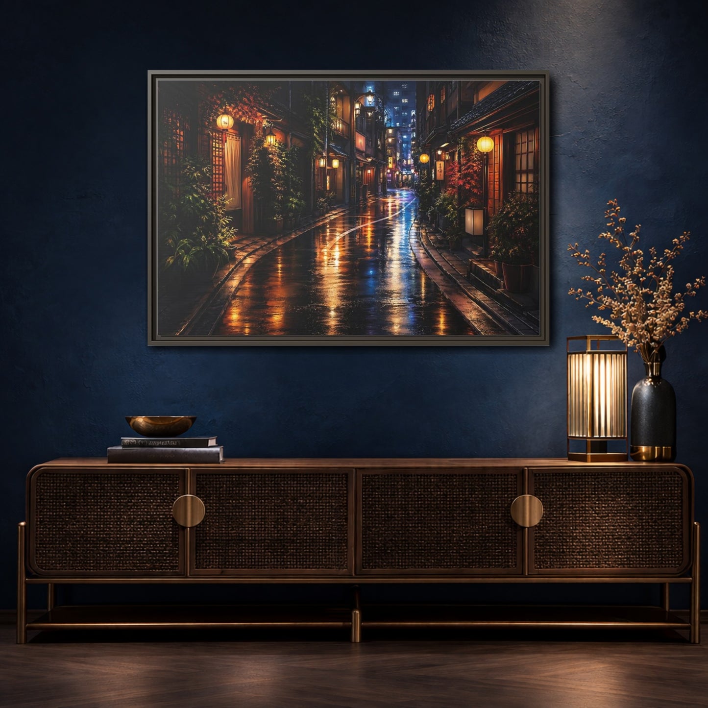 Mockup 4. Vintage Japanese Street Japanese Night Street shown as stretched canvas wall art