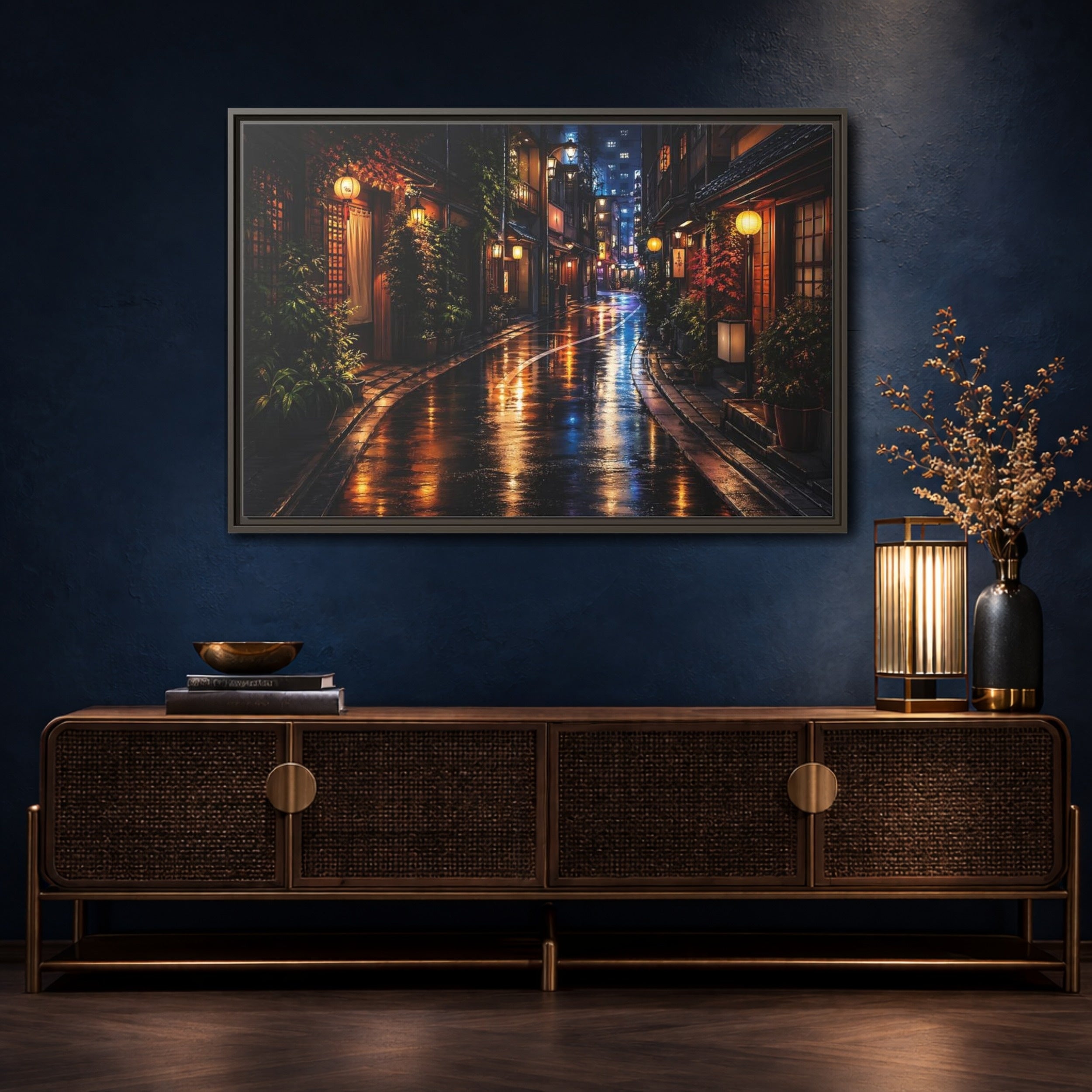Mockup 4. Vintage Japanese Street Japanese Night Street shown as stretched canvas wall art
